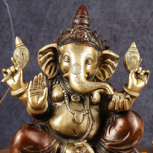 Ganapati Brass Idol - Extraordinary Double Chola Finish, 13" Height - Budhshiv.com