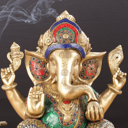 Ganapati Brass Idol with Intricate Stonework 12" - Budhshiv.com