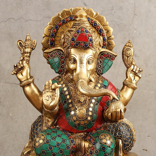 Ganapati Superfine Brass Idol with Spectacular Stonework - 13 Inch - Budhshiv.com