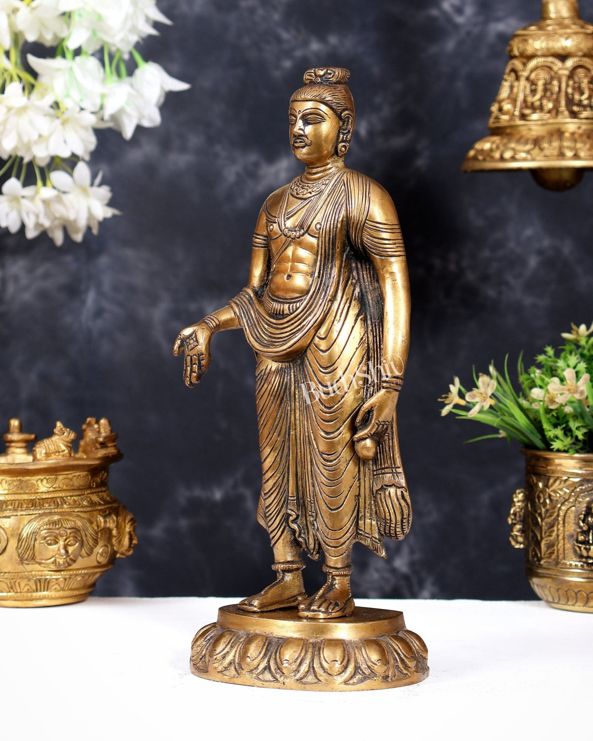 Gandhara Style Standing Buddha – Varada Mudra Sculpture 11 inch antique tone - Budhshiv.com