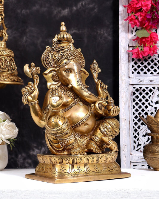 Ganesh Brass idol 16 inch enhanced carvings - Budhshiv.com