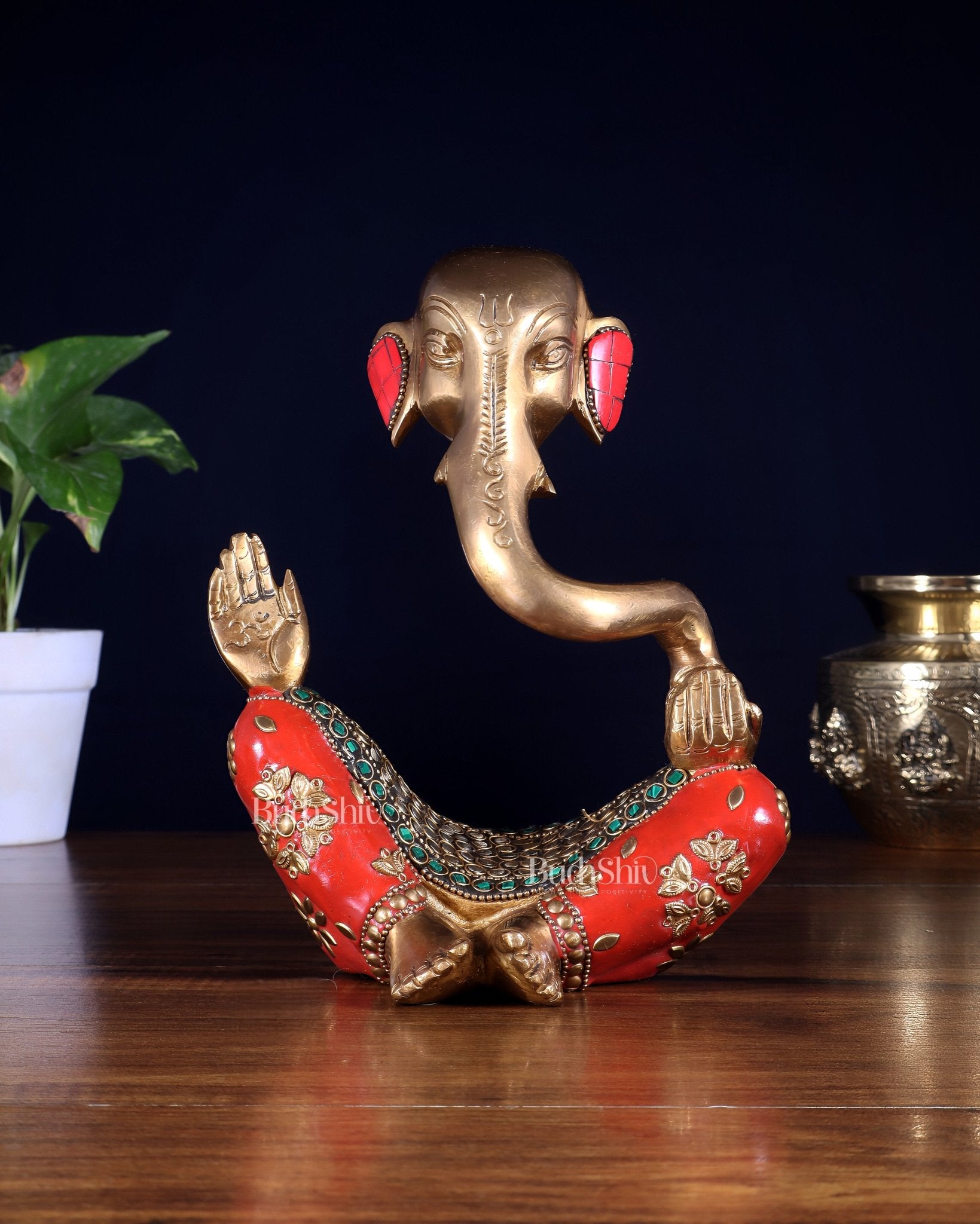 Ganesha Abstract Brass with stonework 8.5 inch statue - Budhshiv.com
