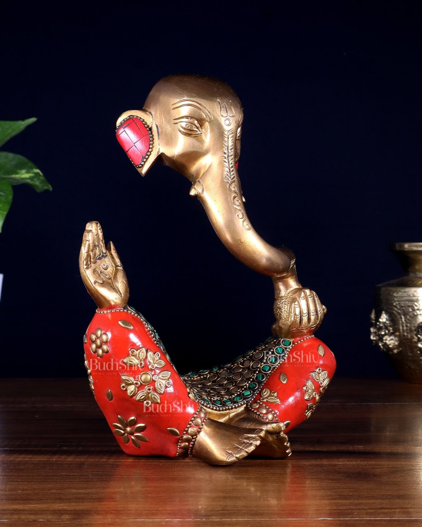 Ganesha Abstract Brass with stonework 8.5 inch statue - Budhshiv.com