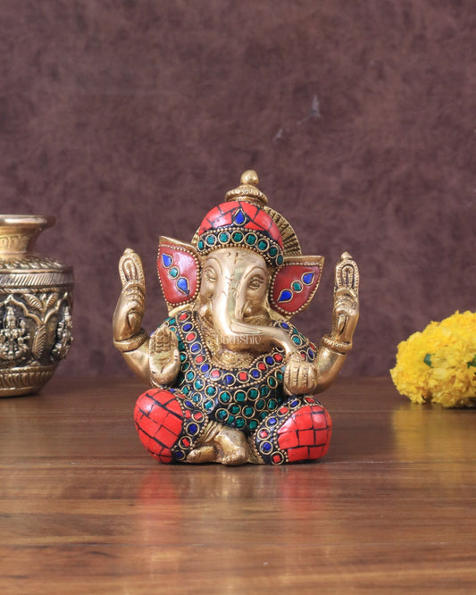 Ganesha brass idol colourful meenakari 6" - Budhshiv.com