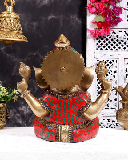 Ganesha Brass Idol with Mosaic Stonework - 12 inch - Budhshiv.com