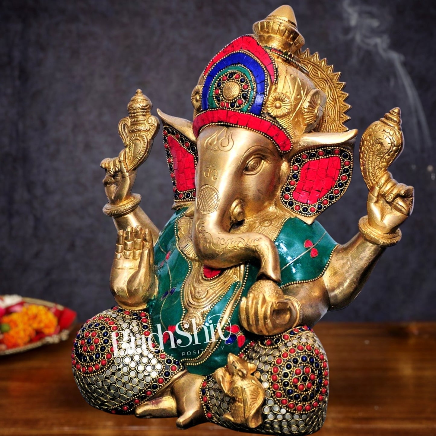 Ganesha Brass Idol with stonework 12 inch - Budhshiv.com