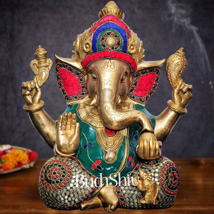 Ganesha Brass Idol with stonework 12 inch - Budhshiv.com