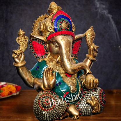 Ganesha Brass Idol with stonework 12 inch - Budhshiv.com