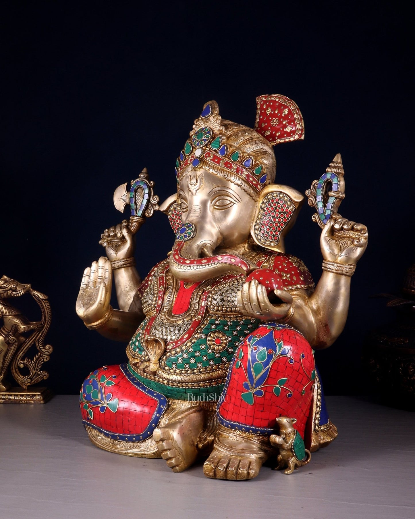 Ganesha Brass large statue 21 inch with stonework - Budhshiv.com