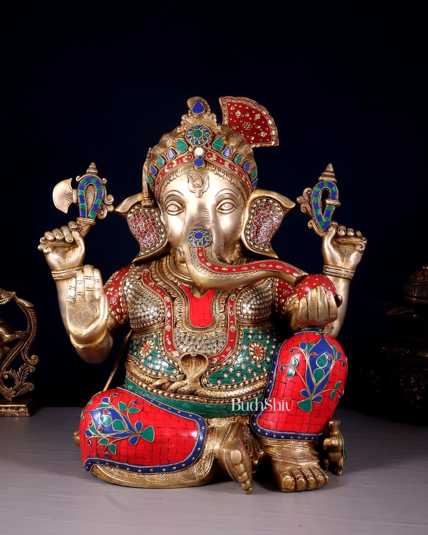 Ganesha Brass large statue 21 inch with stonework - Budhshiv.com