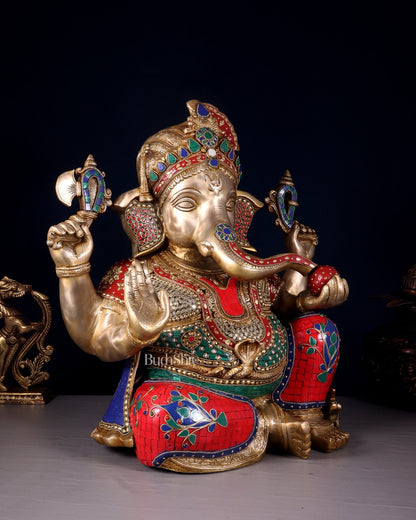 Ganesha Brass large statue 21 inch with stonework - Budhshiv.com