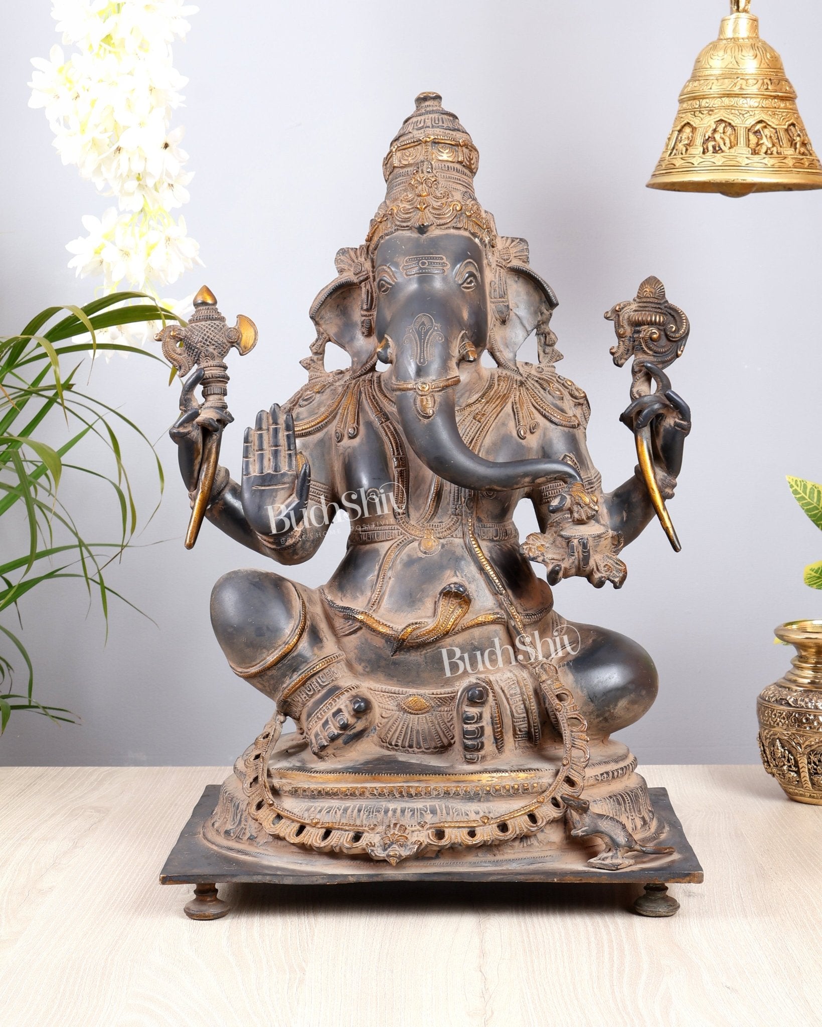 Ganesha Brass Sculpture 20.5 vintage tone - Budhshiv.com