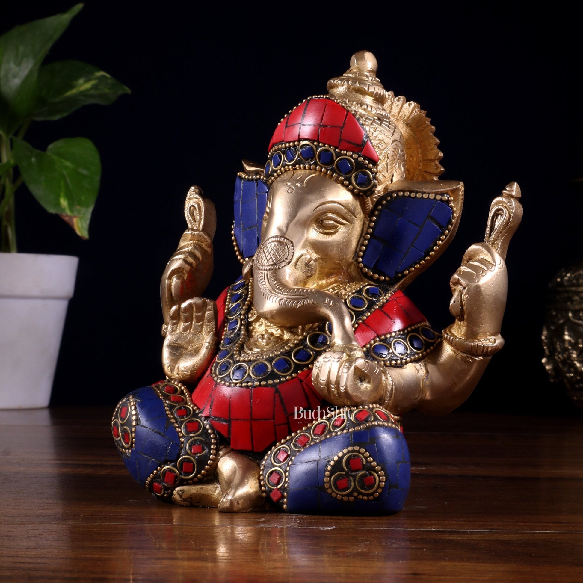 Ganesha Brass Sculpture with stonework 6 inch - Budhshiv.com