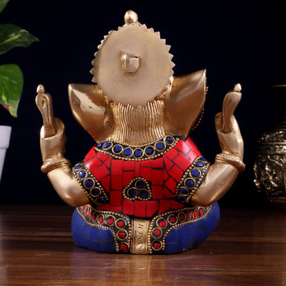 Ganesha Brass Sculpture with stonework 6 inch - Budhshiv.com