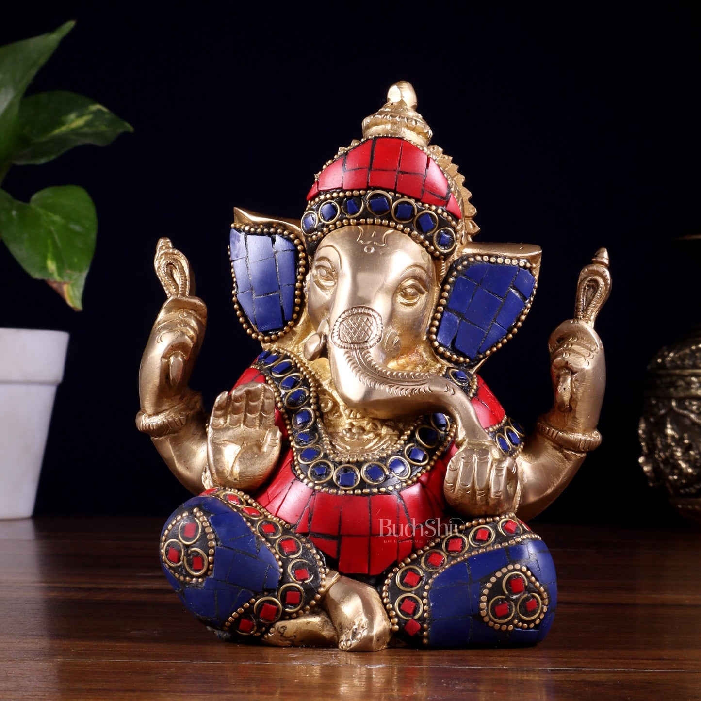 Ganesha Brass Sculpture with stonework 6 inch - Budhshiv.com