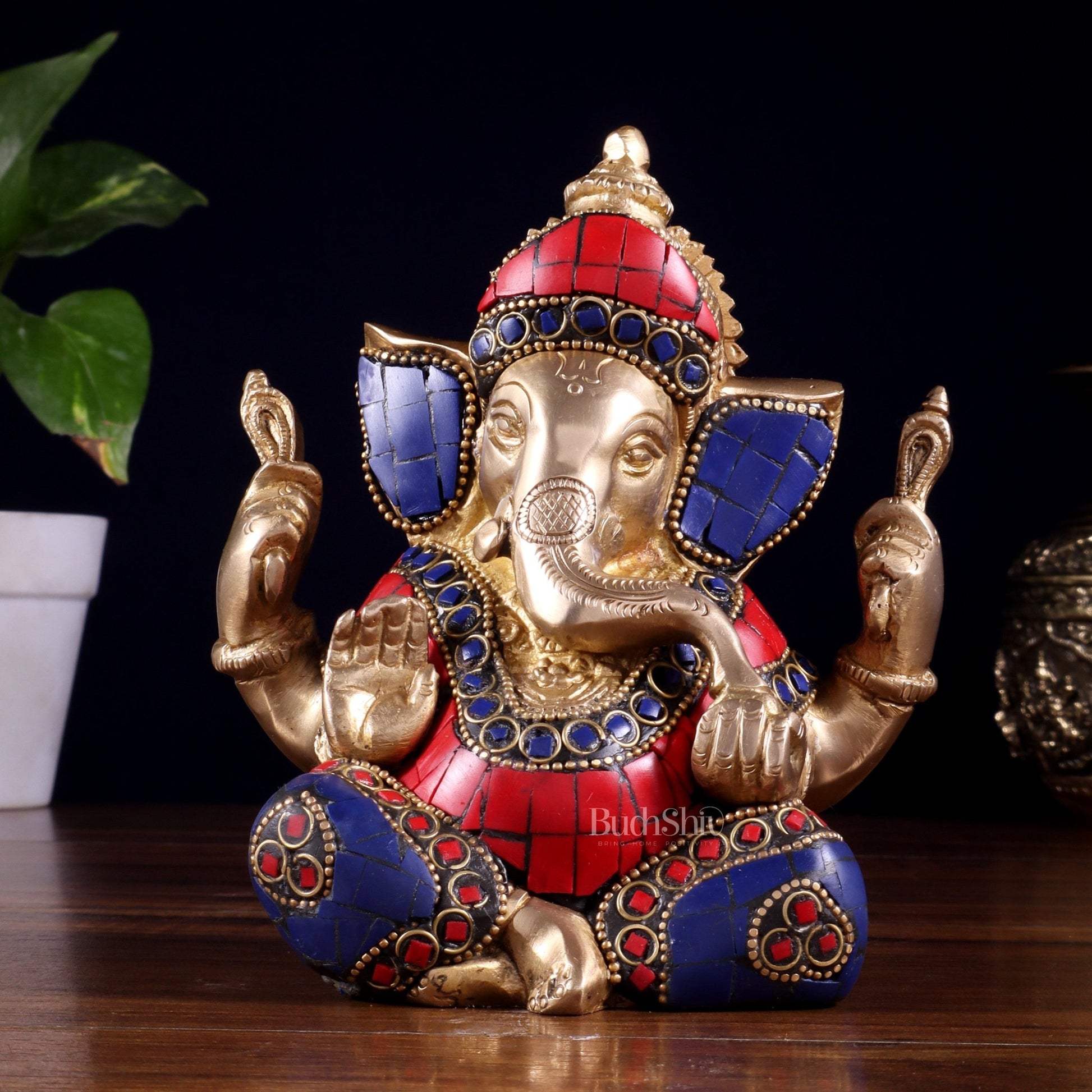 Ganesha Brass Sculpture with stonework 6 inch - Budhshiv.com