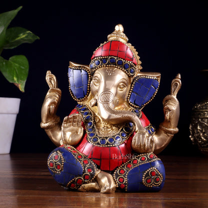 Ganesha Brass Sculpture with stonework 6 inch - Budhshiv.com