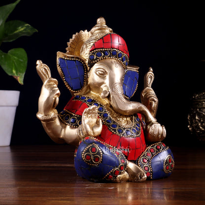 Ganesha Brass Sculpture with stonework 6 inch - Budhshiv.com