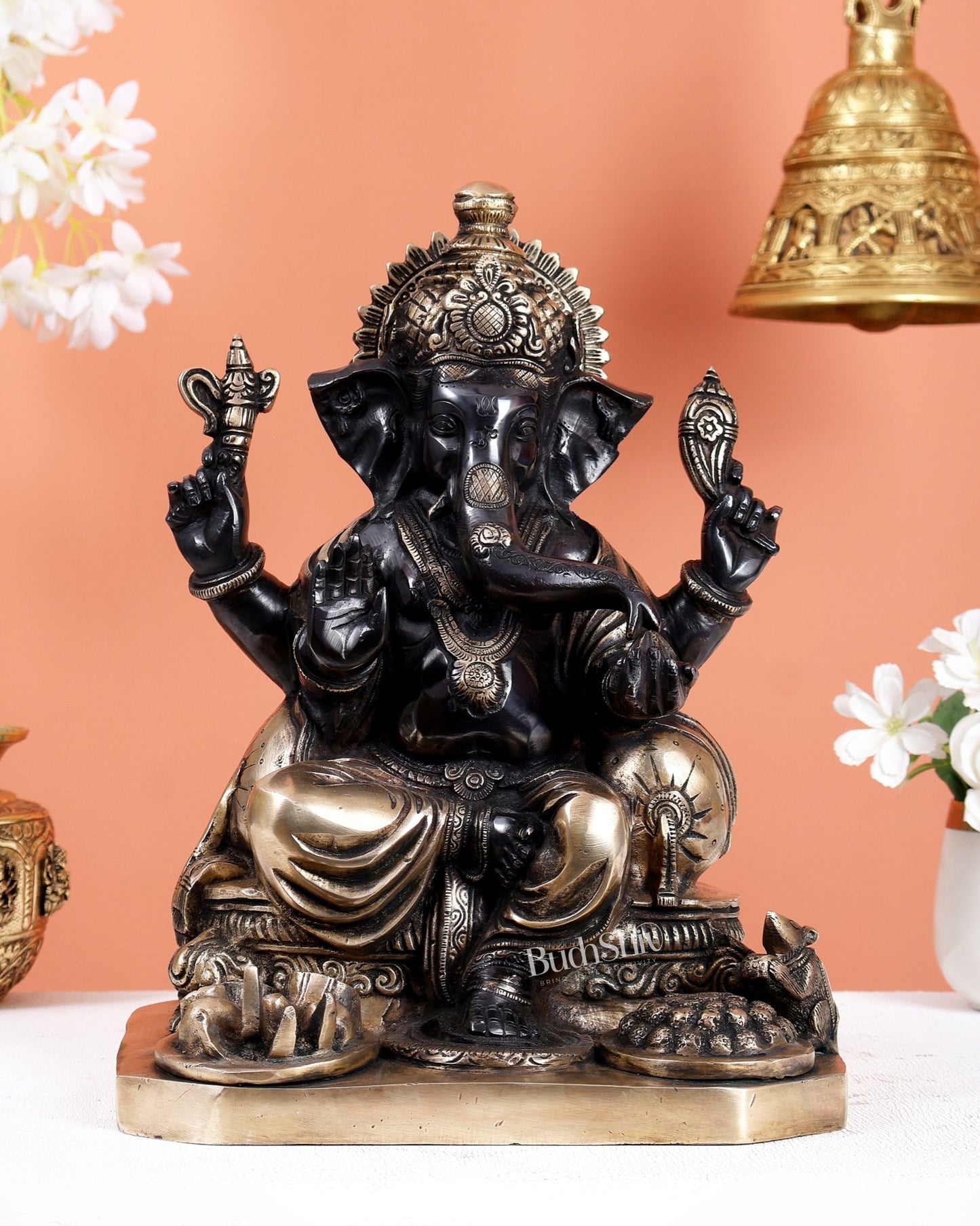 Ganesha Brass statue 13 inch black tone - Budhshiv.com