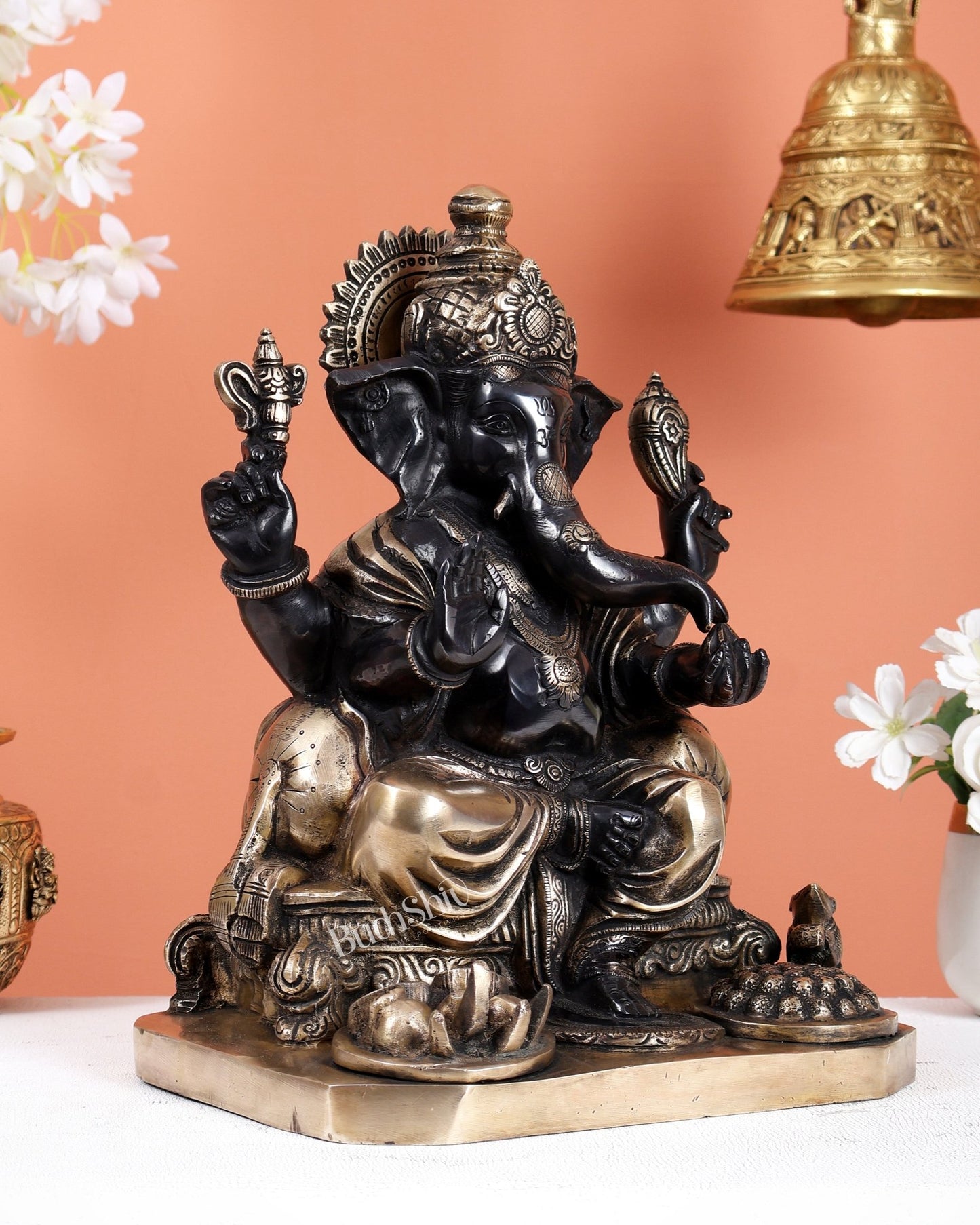 Ganesha Brass statue 13 inch black tone - Budhshiv.com