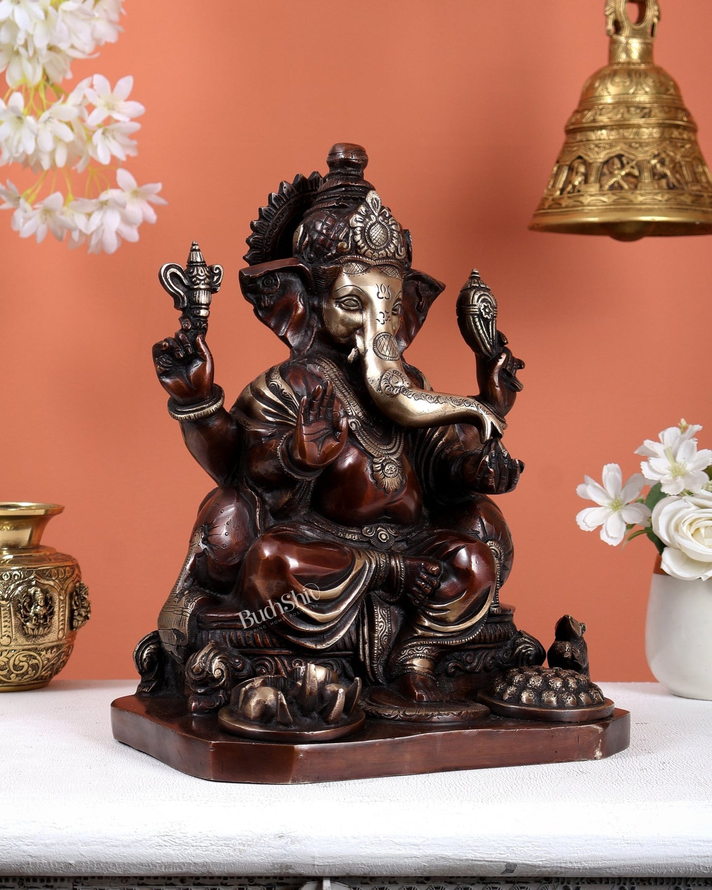 Ganesha Brass statue 13 inch Brown tone - Budhshiv.com