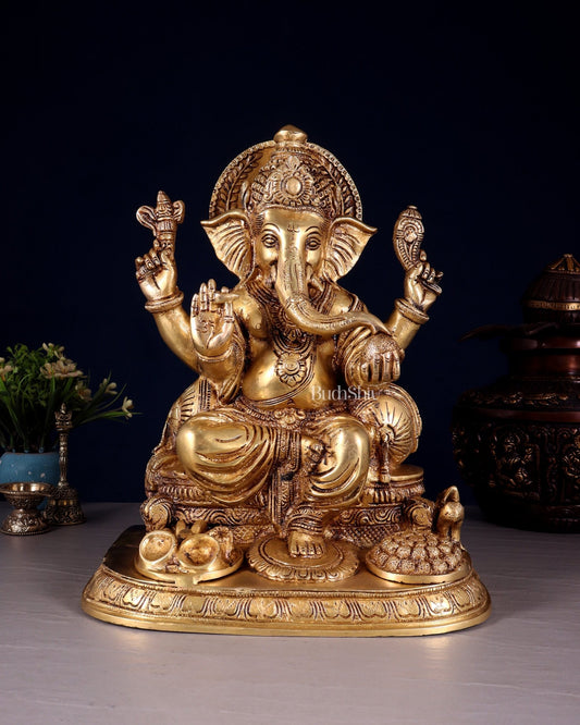 Ganesha Brass statue 13 inch enhanced carvings - Budhshiv.com