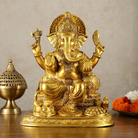 Ganesha Brass statue 13 inch golden hues - Budhshiv.com