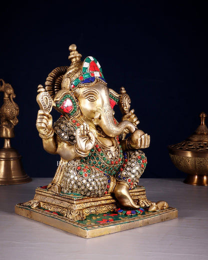 Ganesha Brass statue stonework 9.5 inch - Budhshiv.com