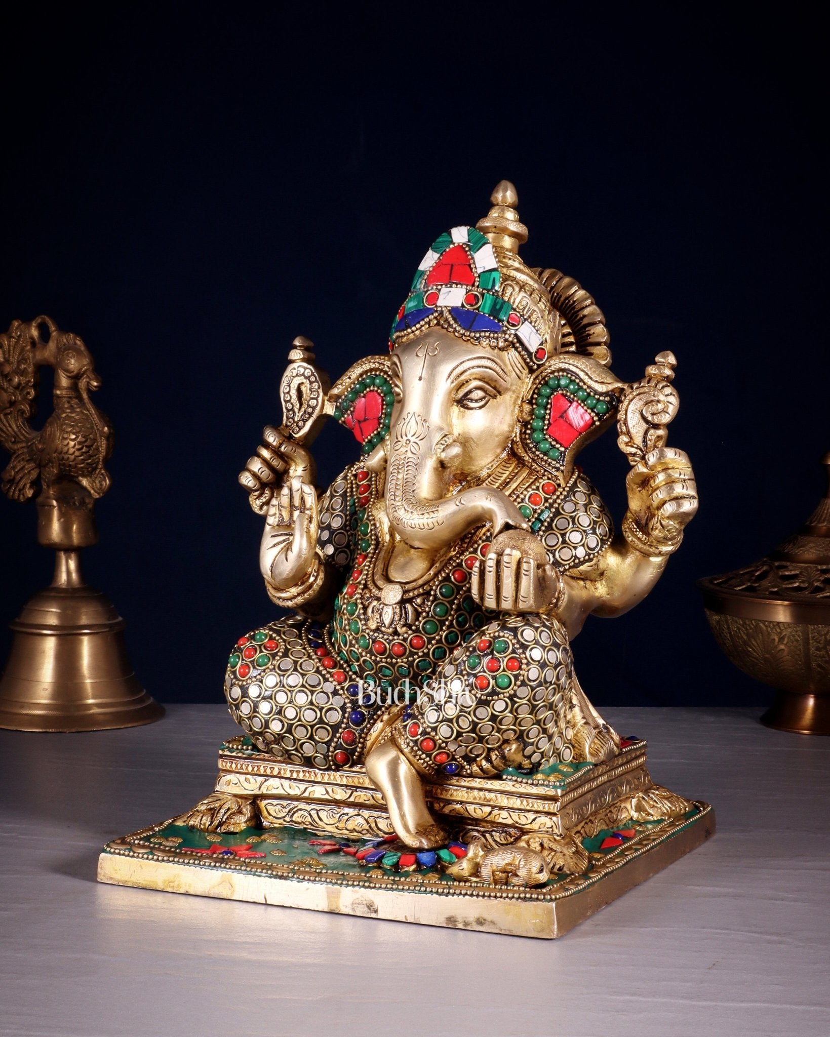 Ganesha Brass statue stonework 9.5 inch - Budhshiv.com