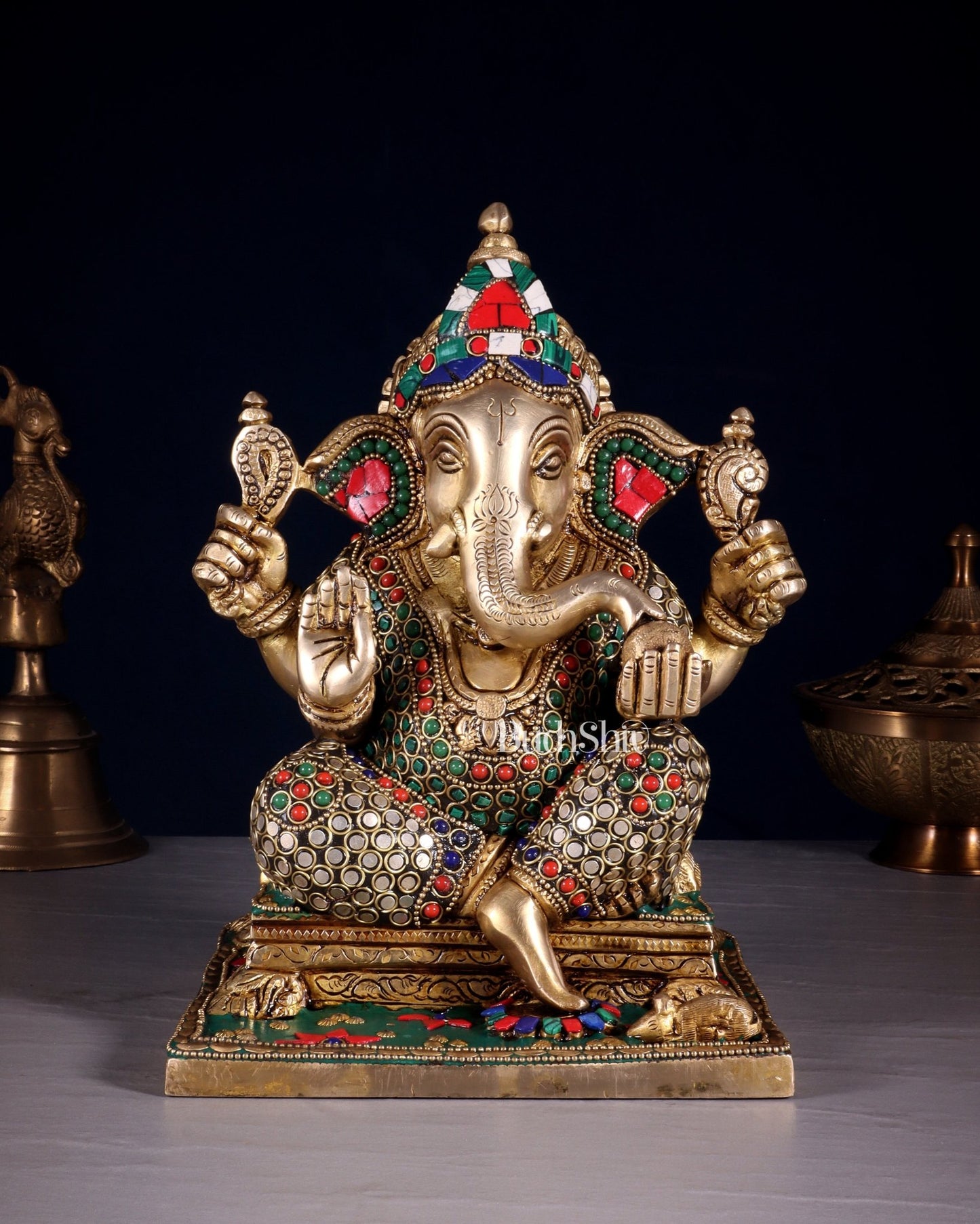 Ganesha Brass statue stonework 9.5 inch - Budhshiv.com
