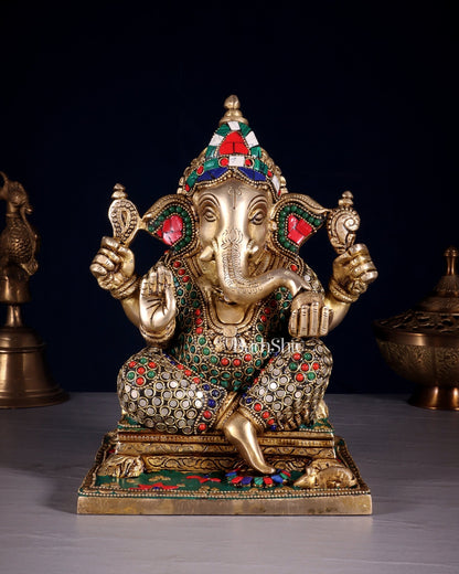 Ganesha Brass statue stonework 9.5 inch - Budhshiv.com