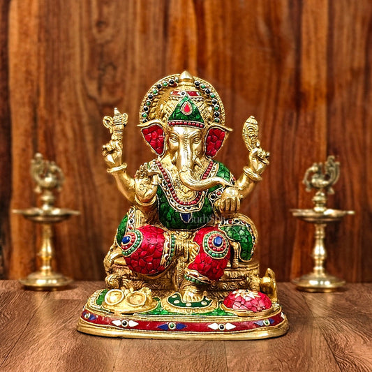 Ganesha Brass statue with stonework 13 inch unique meenakari - Budhshiv.com