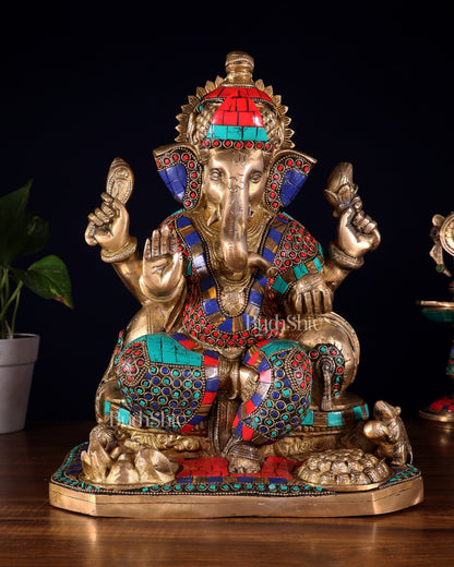 Ganesha brass statue with stonework 13" - Budhshiv.com