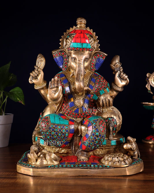 Ganesha brass statue with stonework 13" - Budhshiv.com