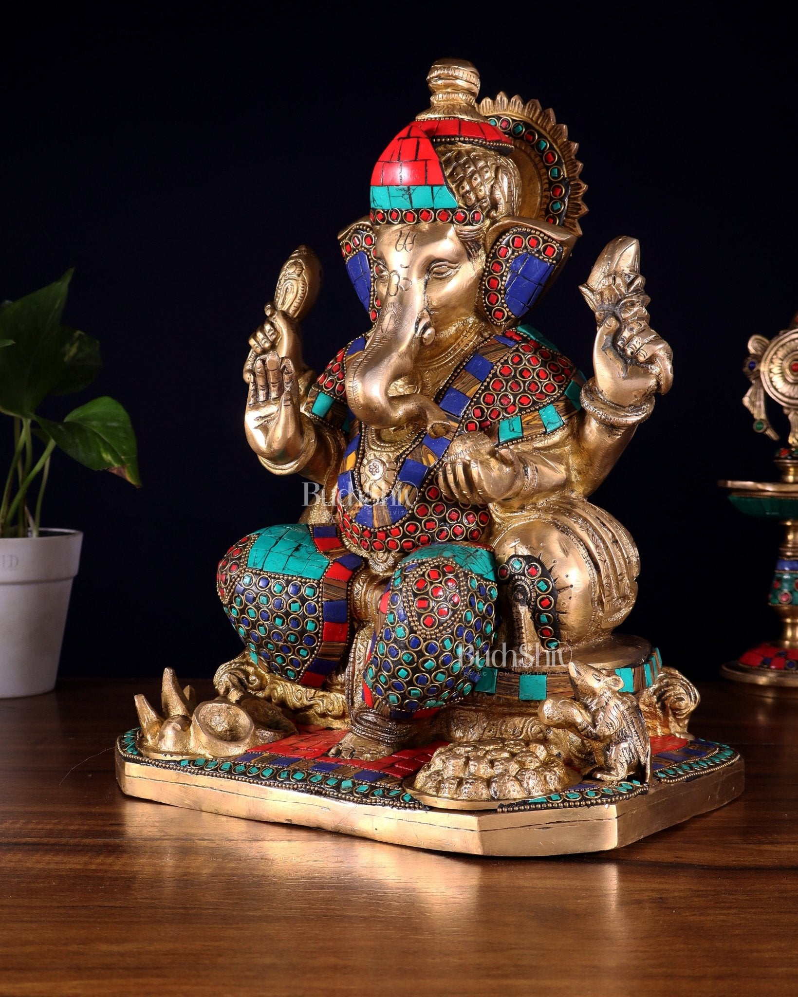 Ganesha brass statue with stonework 13" - Budhshiv.com