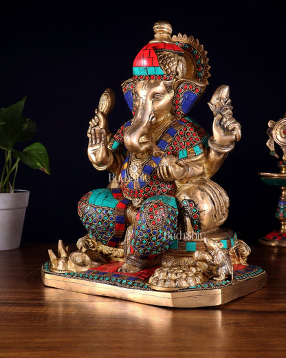 Ganesha brass statue with stonework 13" - Budhshiv.com