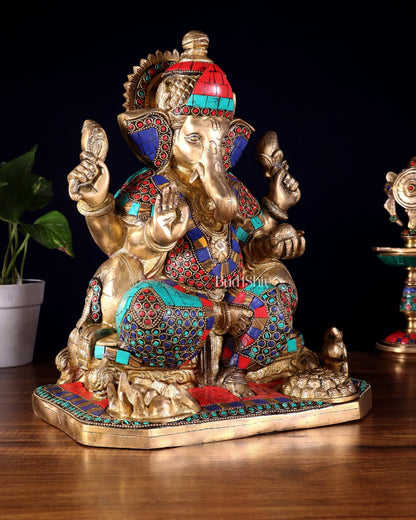 Ganesha brass statue with stonework 13" - Budhshiv.com