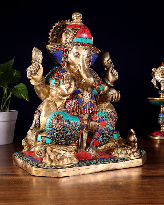 Ganesha brass statue with stonework 13" - Budhshiv.com