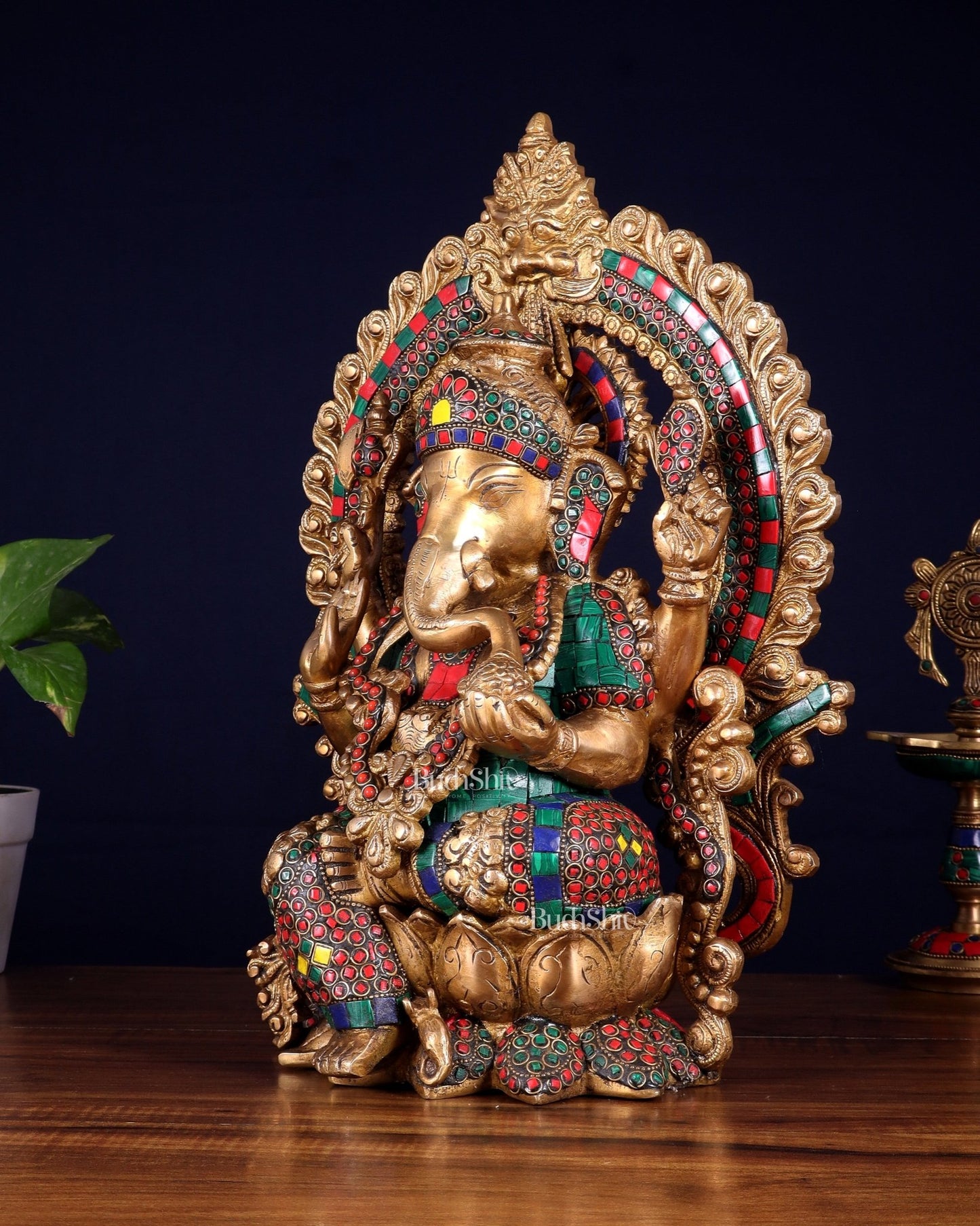 Ganesha Brass statue with Stonework 15.5 inch - Budhshiv.com