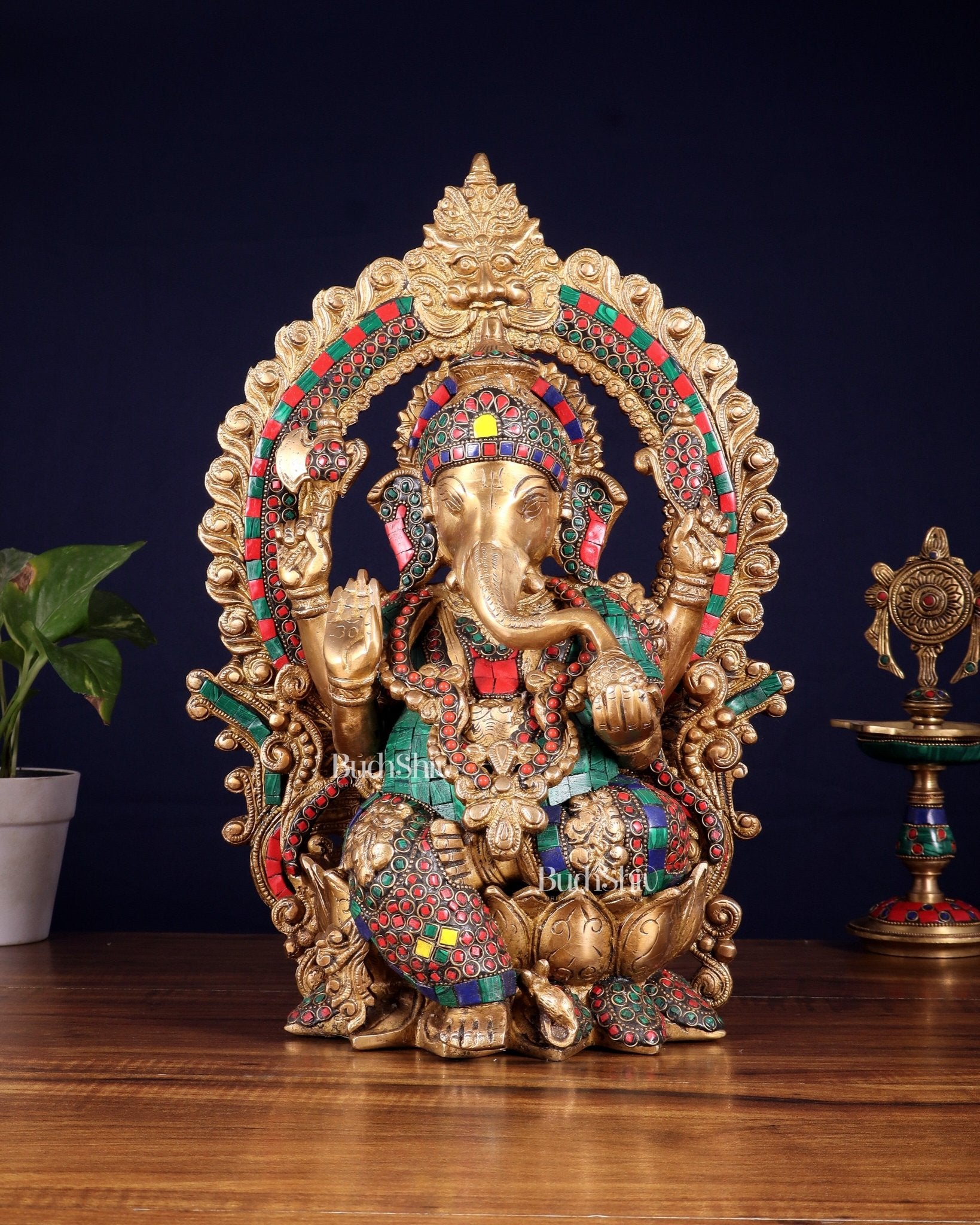 Ganesha Brass statue with Stonework 15.5 inch - Budhshiv.com