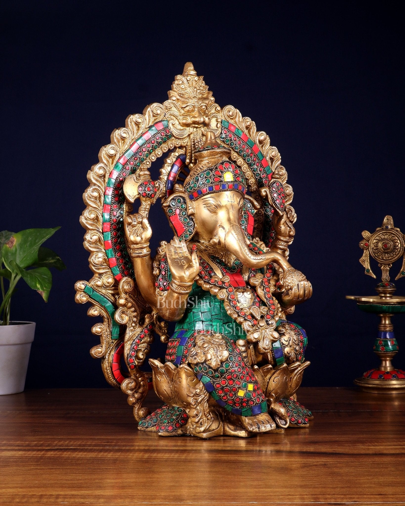 Ganesha Brass statue with Stonework 15.5 inch - Budhshiv.com