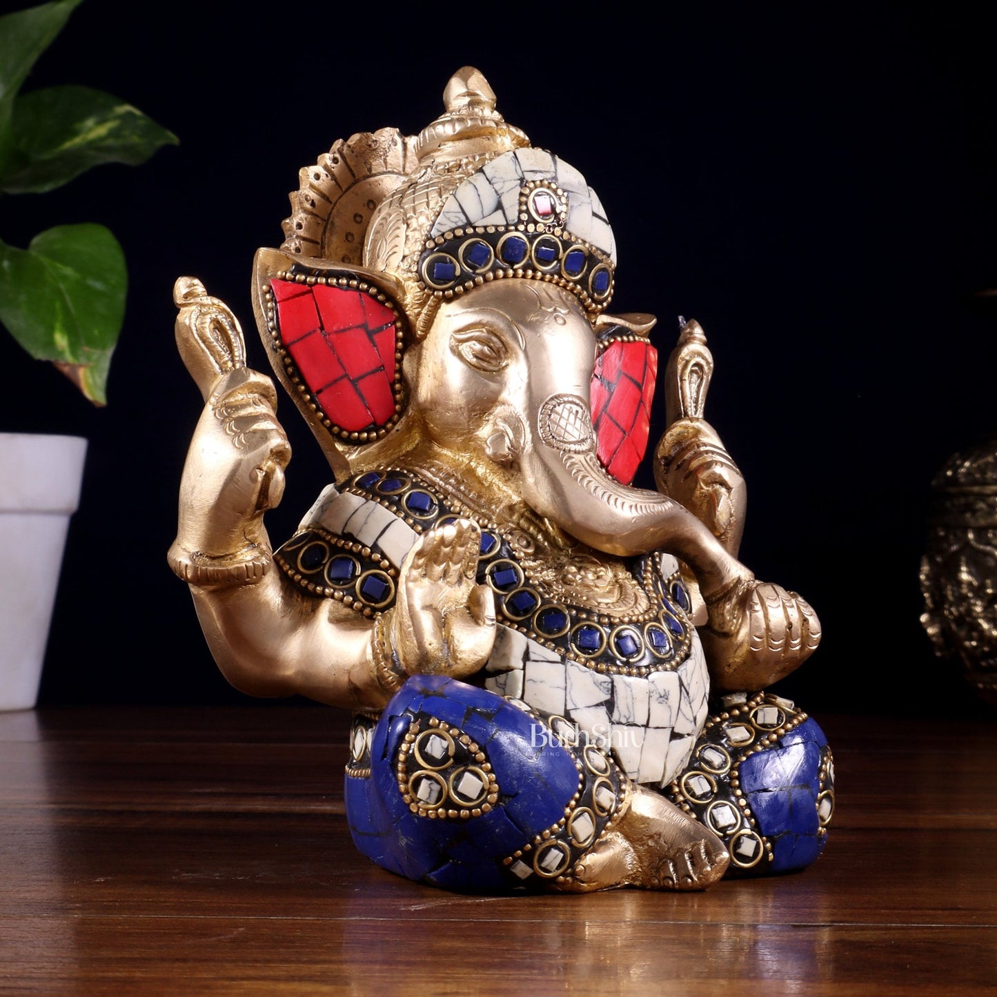 Ganesha Brass statue with stonework 6 inch - Budhshiv.com