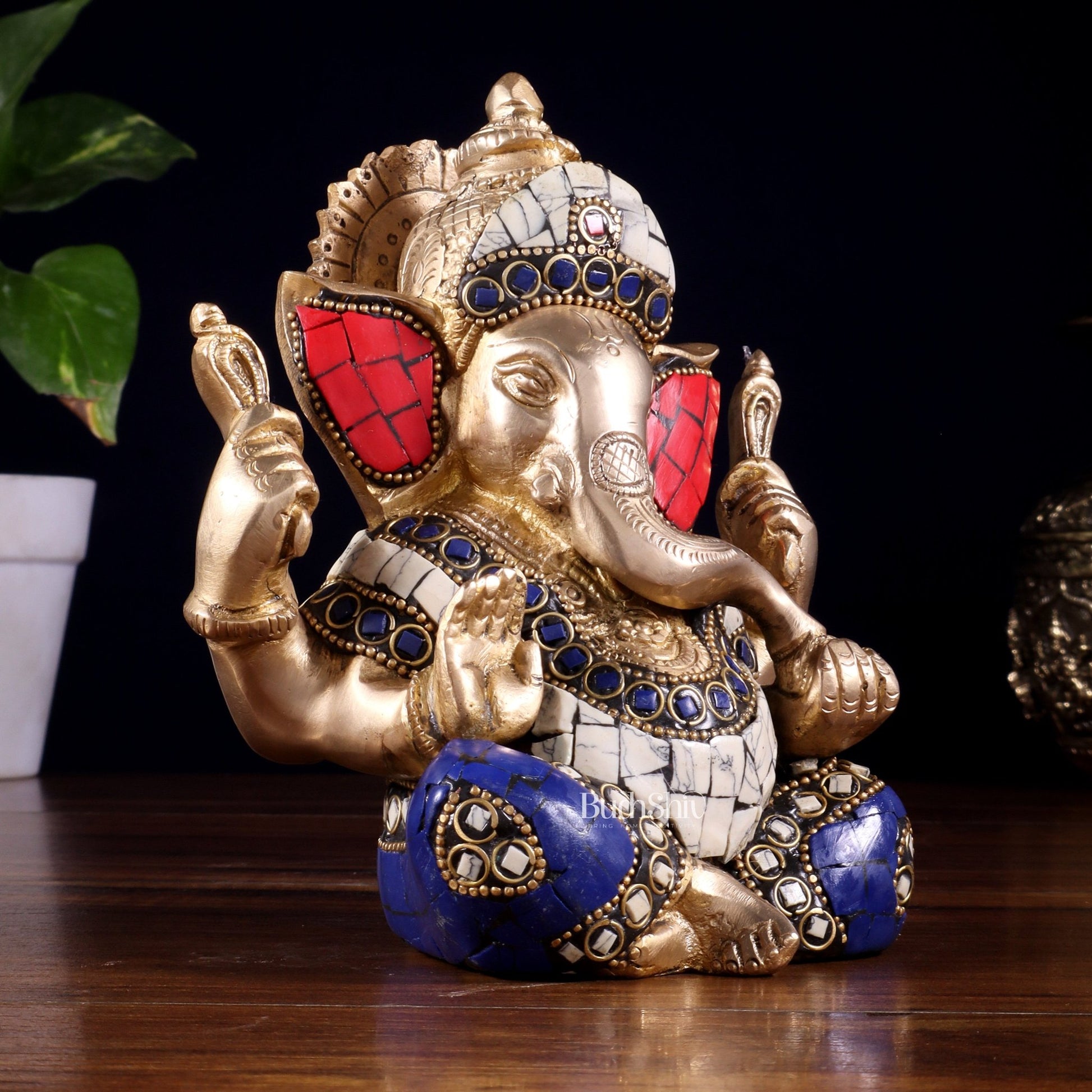 Ganesha Brass statue with stonework 6 inch - Budhshiv.com
