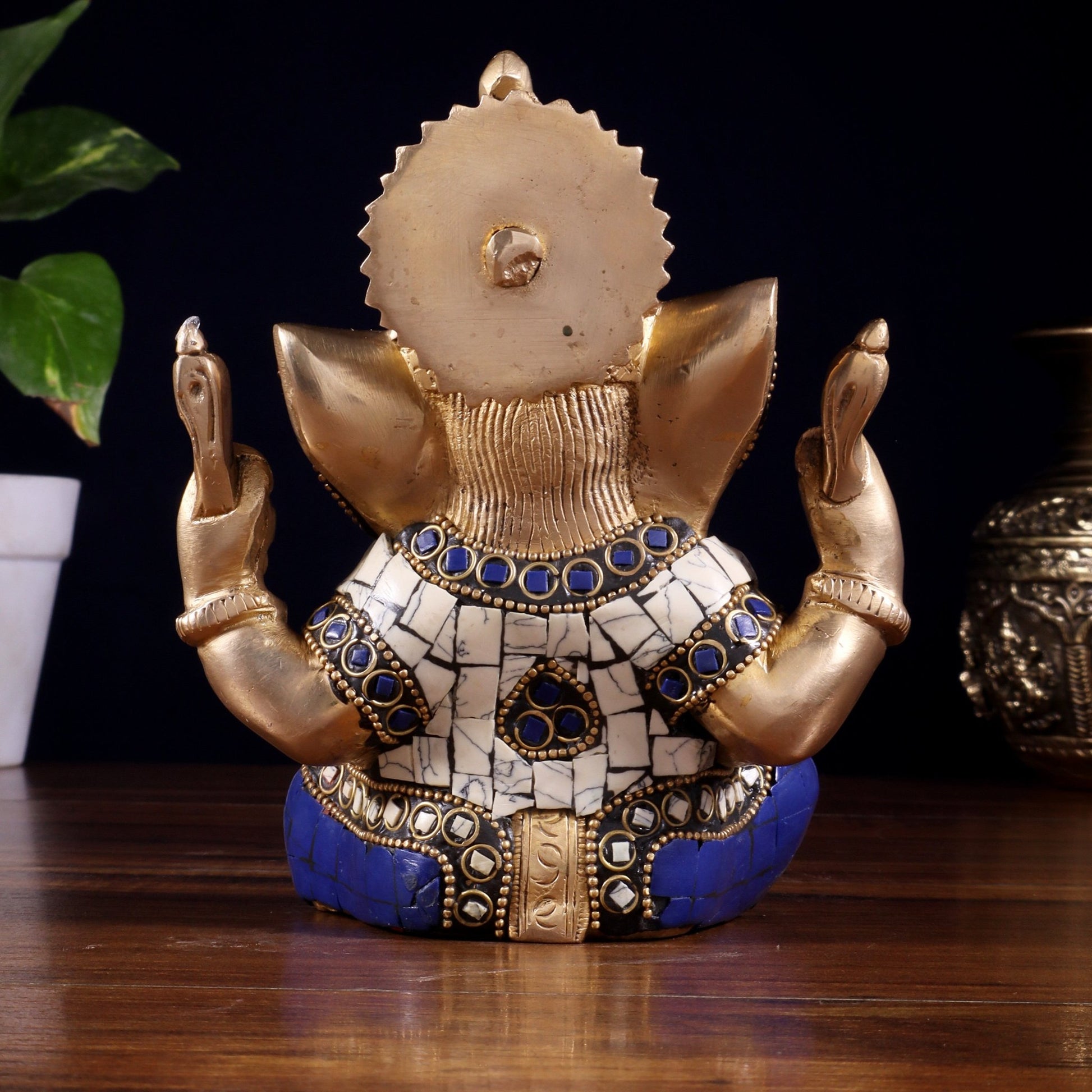 Ganesha Brass statue with stonework 6 inch - Budhshiv.com