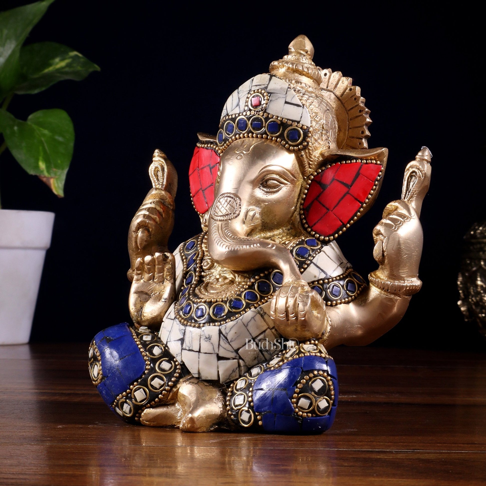 Ganesha Brass statue with stonework 6 inch - Budhshiv.com