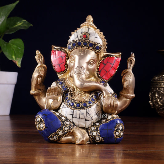 Ganesha Brass statue with stonework 6 inch - Budhshiv.com