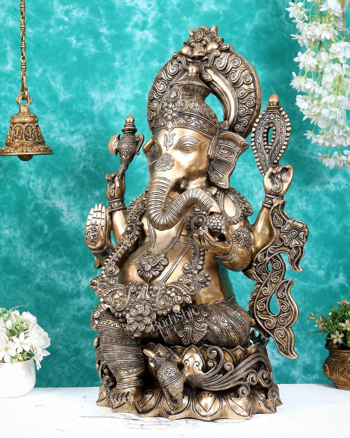 Ganesha Handcrafted Superfine Brass Large Sized Statue | 30" Tall enhanced carvings - Budhshiv.com