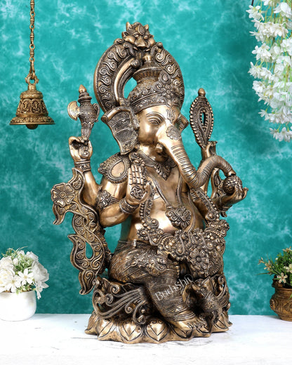 Ganesha Handcrafted Superfine Brass Large Sized Statue | 30" Tall enhanced carvings - Budhshiv.com