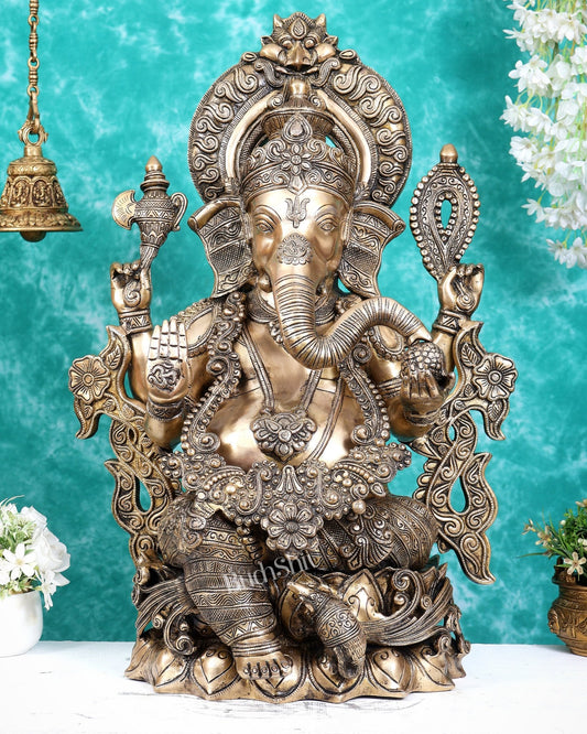 Ganesha Handcrafted Superfine Brass Large Sized Statue | 30" Tall enhanced carvings - Budhshiv.com
