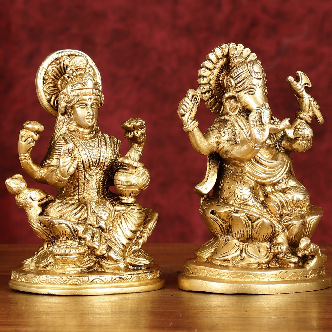 Ganesha Lakshmi Brass Idol Set - 5" antique tone - Budhshiv.com
